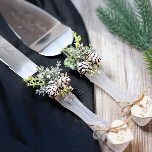 Rustic Winter Wedding Cake Server and Knife Set: Holiday Champagne Flutes