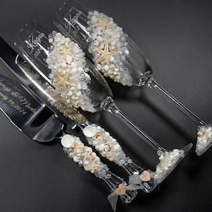 beach wedding flutes and cake cutter set