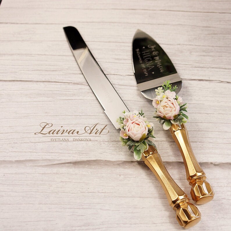 Personalized Gold Wedding Cake Server Set & Knife Wedding Cake Etsy