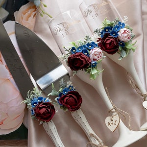 Personalized Wedding Champagne Flutes & Cake Server Set: Engraved Stainless Steel, USA Made