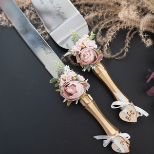 Gold Wedding Cake Server Set: Floral Knife & Cutter