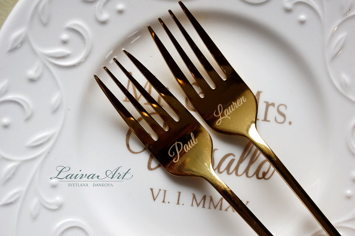 Personalized Cake Plate and Forks Set Dessert Fork Set Wedding Etsy