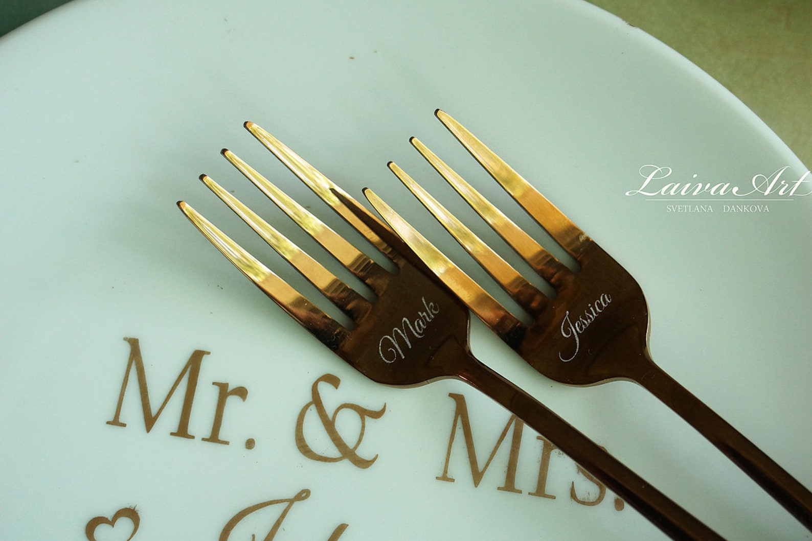 Personalized Cake Plate and Forks Set Dessert Fork Set Wedding Etsy