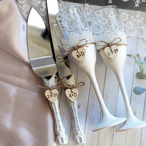Rustic Wedding Champagne Flutes: Lace & Wood Heart, Set of 2