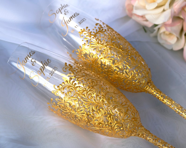 Personalized Wedding Glasses Toasting Flutes Toasting flutes gold Glasses Bride and Groom Champagne Glasses Toasting flutes White image 7
