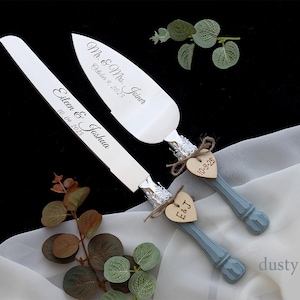 Dusty Blue Wedding Cake Server Set: Engraved Stainless Steel Knife