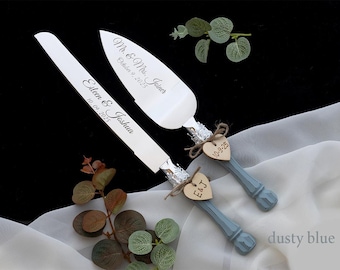 Dusty Blue Wedding Cake Server Set: Engraved Stainless Steel Knife