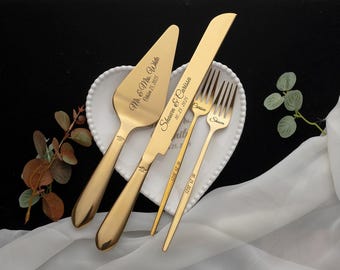 Engraved Gold Wedding Cake Serving Set: Personalized Stainless Steel Knife & Server