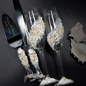 Beach wedding glasses and cake server set