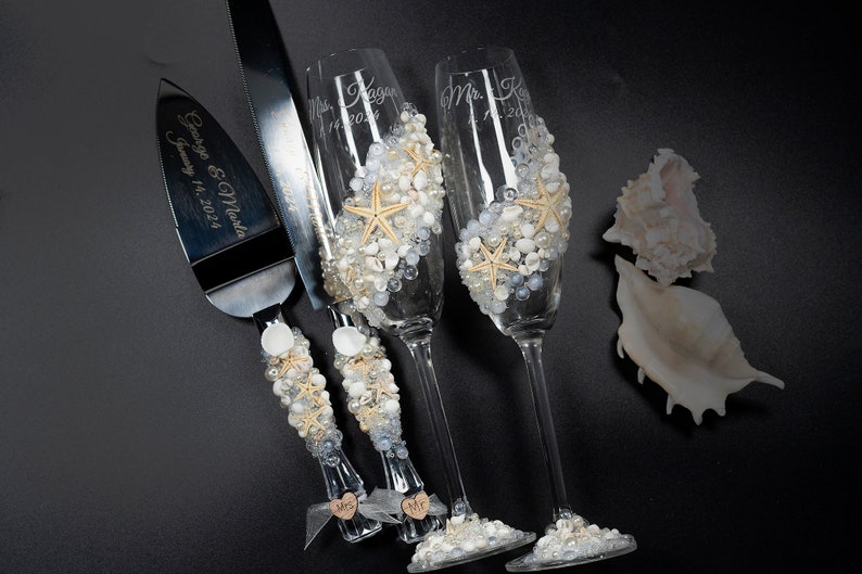 Beach wedding glasses and cake server set