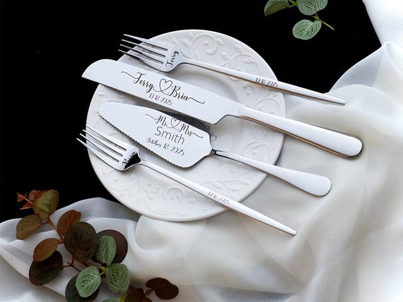 Personalized Wedding Cake Cutter Set: Stainless Steel Knife, Server & Porcelain Plate