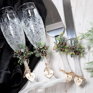 Rustic Winter Wedding Champagne Flutes: Personalized Holiday Glasses