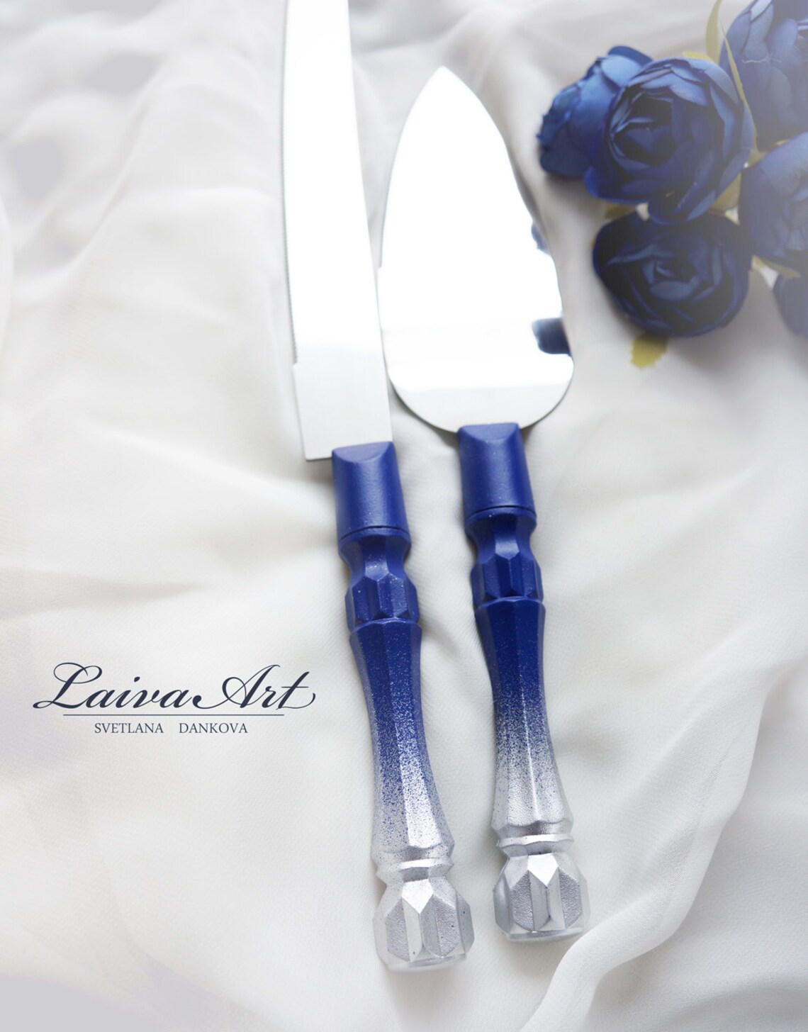 Royal Blue and Silver Wedding Cake Server Cake Cutting Set Etsy