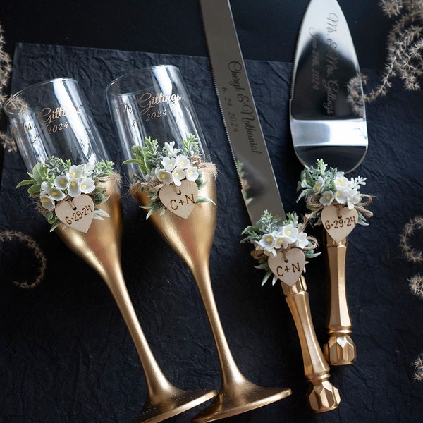 Gold Wedding Champagne Flutes Wedding Champagne Glasses Wedding Toasting Flutes Gold Wedding Cake Server Set