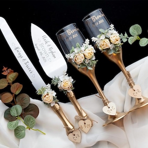 Personalized Wedding Cake Server Set & Champagne Flutes: Engraved Stainless Steel, USA Made