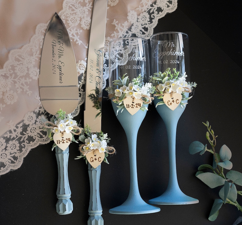 Bride and Groom Wedding Glasses Wedding Cake Server Set with Matching Champagne Wedding Glasses Set of 4 image 10