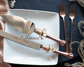 Rose Gold Wedding Cake Server Set: Personalized Knife & Plate