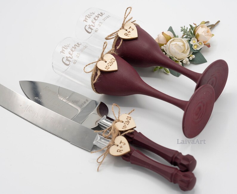 Maroon Cake Server Marsala Cutting Set Maroon Wedding Cake Knife Set Wedding Cake Servers Wedding Cake Cutter Cake Decoration image 1