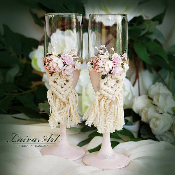 Boho Wedding Glasses Macrame Champagne Flutes Toasting Glasses