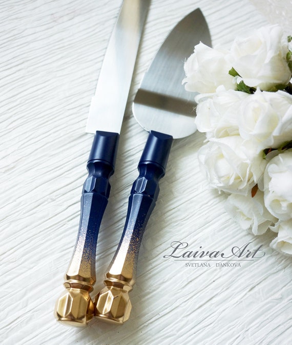 Navy Blue and Gold Wedding Cake Server and Knife Personalized Server and  Knife Engraved Server Set Cake Cutting Set Gold and Navy Blue Set 