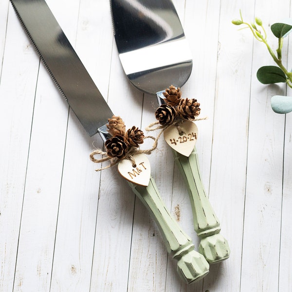 Personalized Wedding Cake Server Sage Green Knife Cake Cutting Set Wedding Cake Knife Set Wedding Cake Servers Wedding Cake Cutter