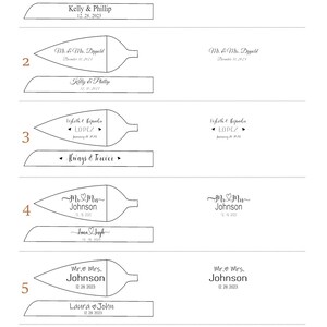 May include: A digital catalog displaying six numbered options for a personalized cake set and plate. Each option features a leaf-shaped cake server and a rectangular knife, both engraved with various names and dates like Mr. & Mrs. Arevalo.