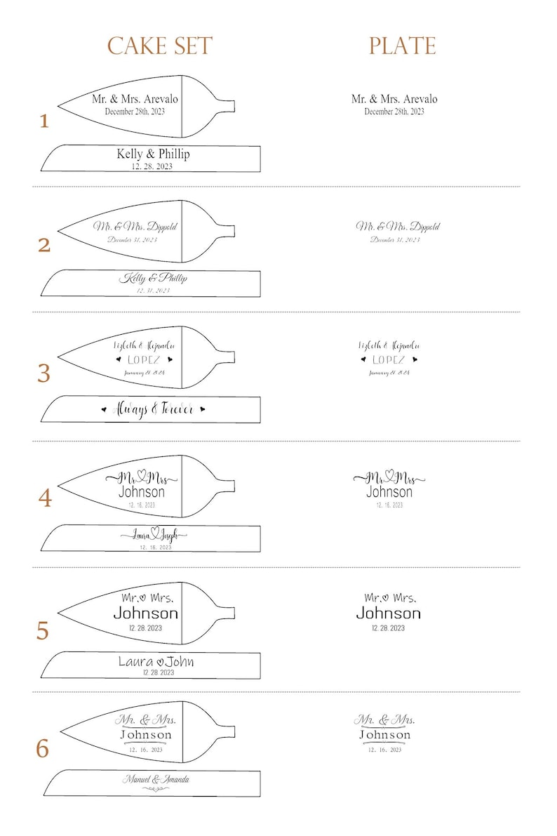 May include: A digital catalog displaying six numbered options for a personalized cake set and plate. Each option features a leaf-shaped cake server and a rectangular knife, both engraved with various names and dates like Mr. & Mrs. Arevalo.