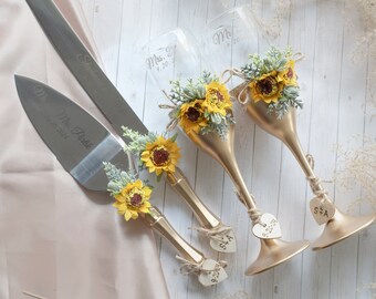 Sunflower Wedding Glasses Cake Server Set Knife Fall Wedding Cake Cutting Set Cake Knife Set Wedding Cake Servers