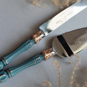 Teal Wedding Cake Server Set: Engraved Stainless Steel Knife and Server