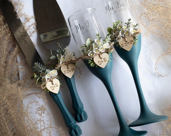 Copas de champán verde azulado y servidor de pasteles para novios Regalos de boda, regalos de aniversario, vasos tostados verde azulado y juego de pasteles de4