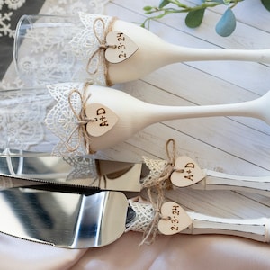 Rustic Wedding Champagne Flutes and Cake Server Set: Hand Painted Toasting Glasses
