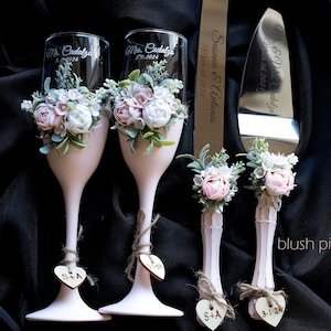 Copas de boda para novios, juego de servidor para tarta de boda con champán a juego