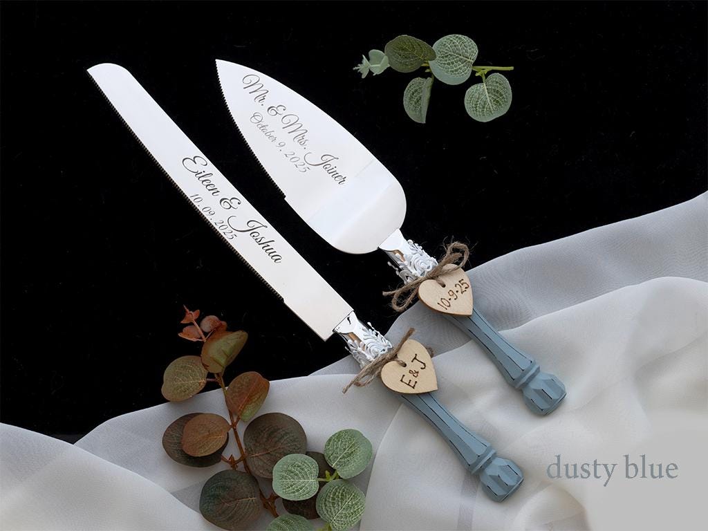 Dusty Blue Wedding Cake Server Set: Engraved Stainless Steel Knife