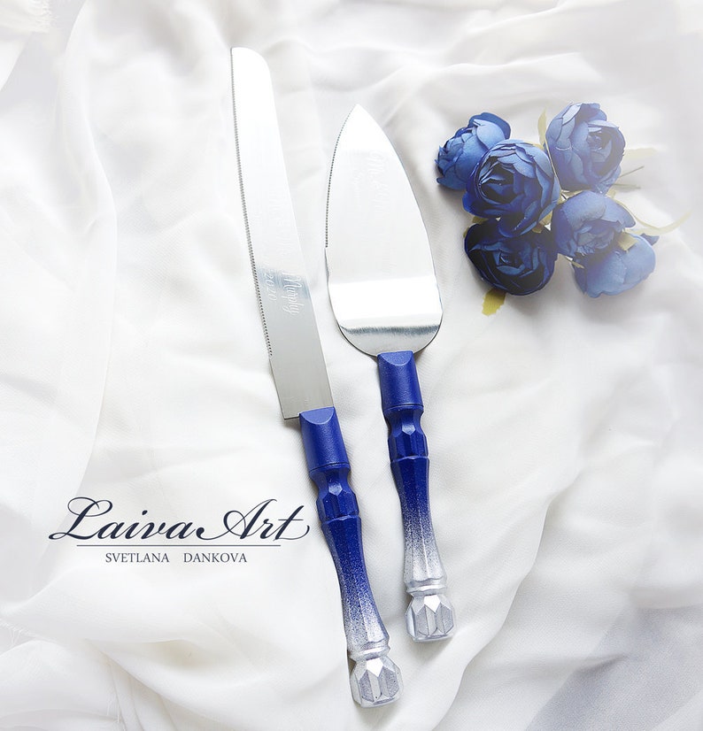 Royal Blue and Silver Wedding Cake Server Cake Cutting Set Etsy