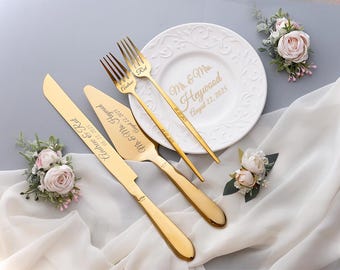 Gold Wedding Cake Server Set: Stainless Steel Knife & Porcelain Plate