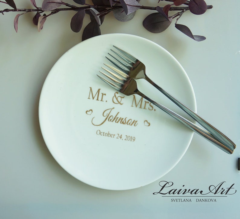 Personalized Cake Plate and Forks Set Dessert Fork Set Wedding Etsy