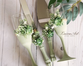 Greenery Wedding Glasses & Server Set Rustic Glasses Cake Cutter Set of 4