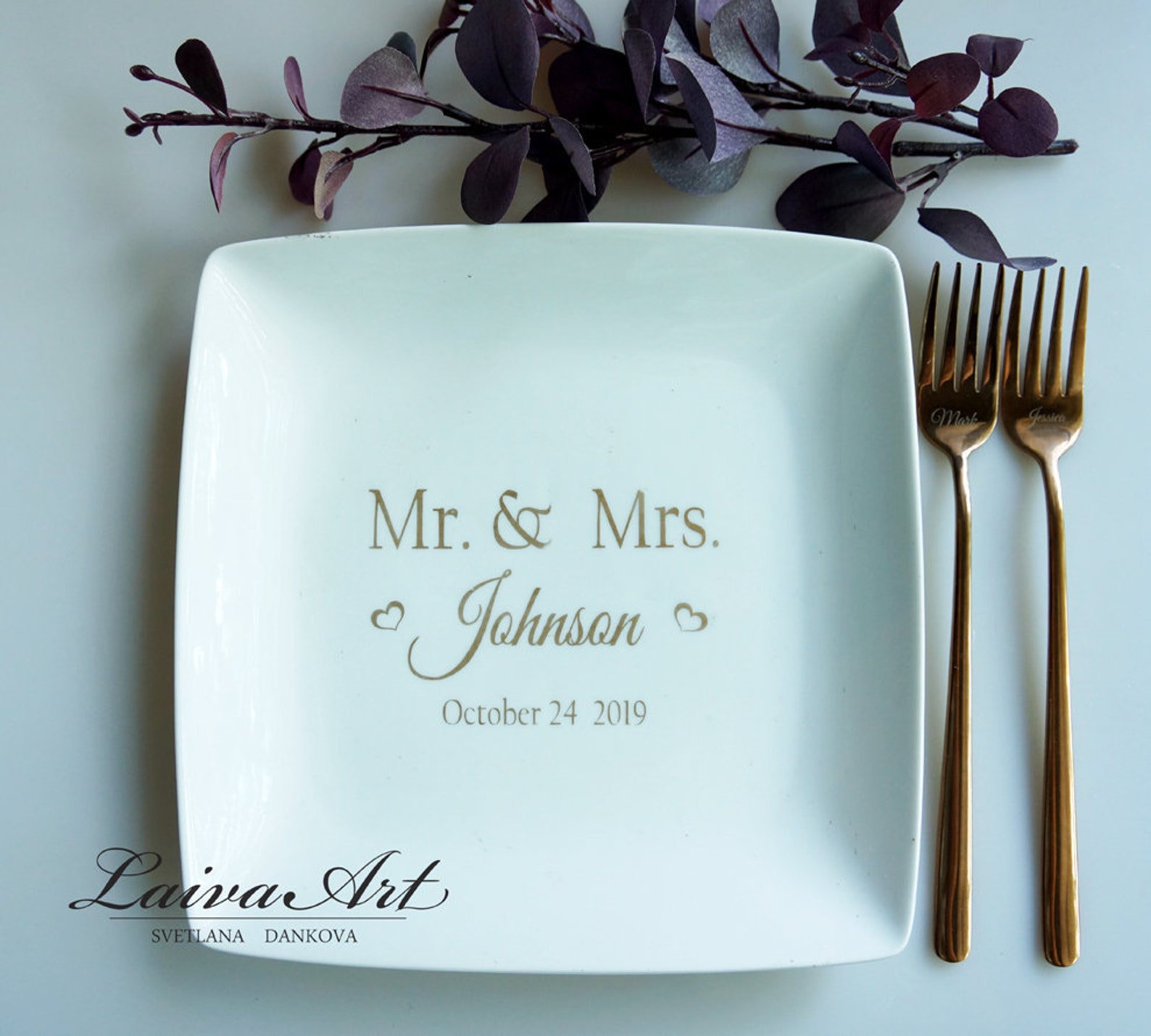 Personalized Cake Plate and Forks Set Dessert Fork Set Wedding Etsy