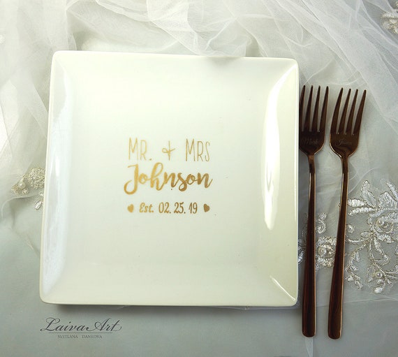 Personalized Cake Plate and Forks Set Dessert Fork Set Wedding Cake