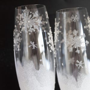 Snowflake Wedding Champagne Flutes: Hand Painted Winter Glasses - Set of 2