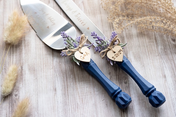 12 Personalized Wedding Cake Knife and 10 Server Set Free Engraving Purple  Bow