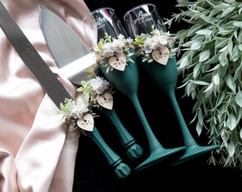 Copas de boda esmeralda Boho boda flautas de champán boda flautas tostadas gafas rústicas conjunto de 2
