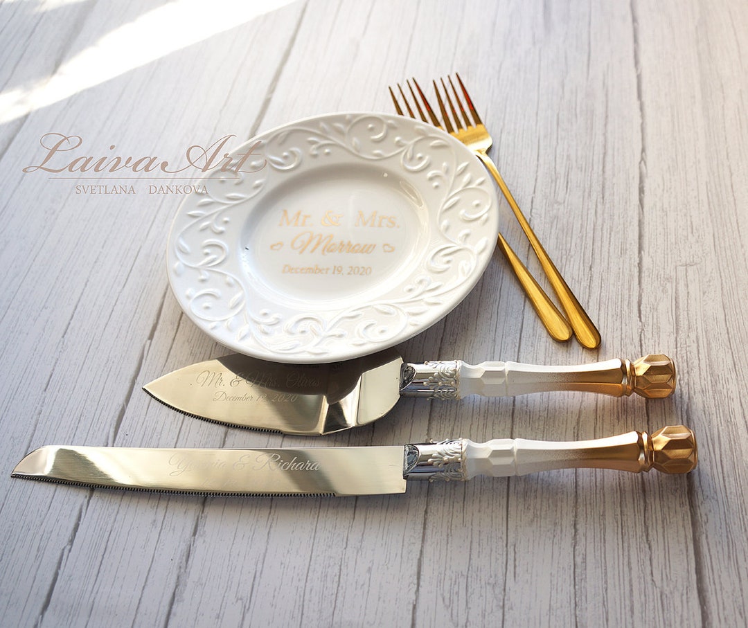 Personalized Cake Plate and Forks Set Dessert Fork Set Wedding Etsy