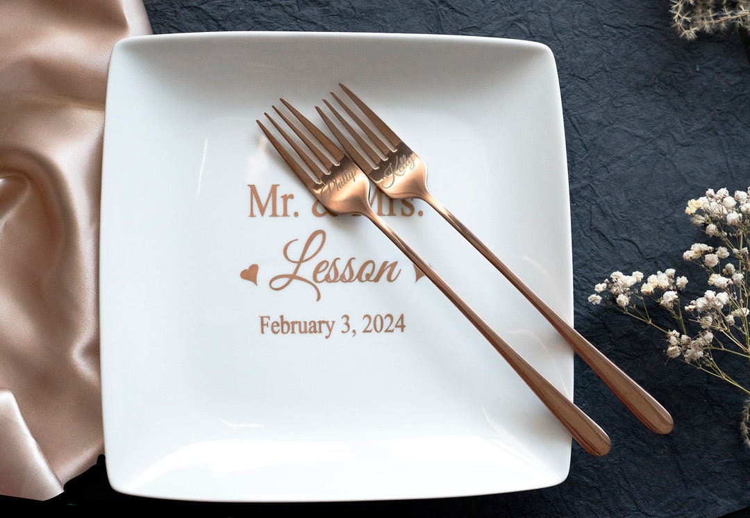 Personalized Cake Plate and Forks Set Dessert Fork Set Wedding Cake