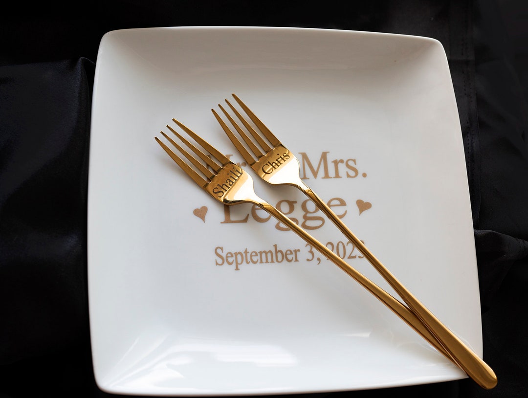 Personalized Cake Plate and Forks Set Dessert Fork Set Wedding Cake