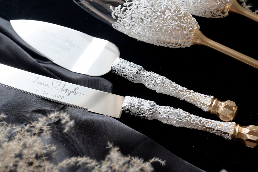 Engraved Cake Server Set Gold Wedding Cake Knife Cutter Anniversary
