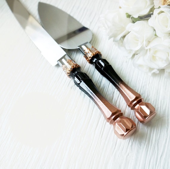 Wedding Cake Knife Server and Forks Set with Black Handle and Gold Ring