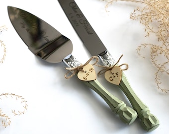 Personalized Wedding Cake Server Sage Green Knife Cake Cutting Set Wedding Cake Knife Set Wedding Cake Servers Wedding Cake Cutter