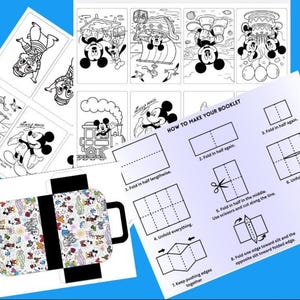 May include: A collection of printable activity sheets featuring black and white line art of Mickey Mouse and friends, including a guide titled How to Make Your Booklet with nine illustrated steps and a colourful patterned template with handles.