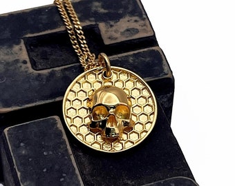 Gold Plated Skull Necklace, Unique Memento Mori Jewelry, Men's or Women's
